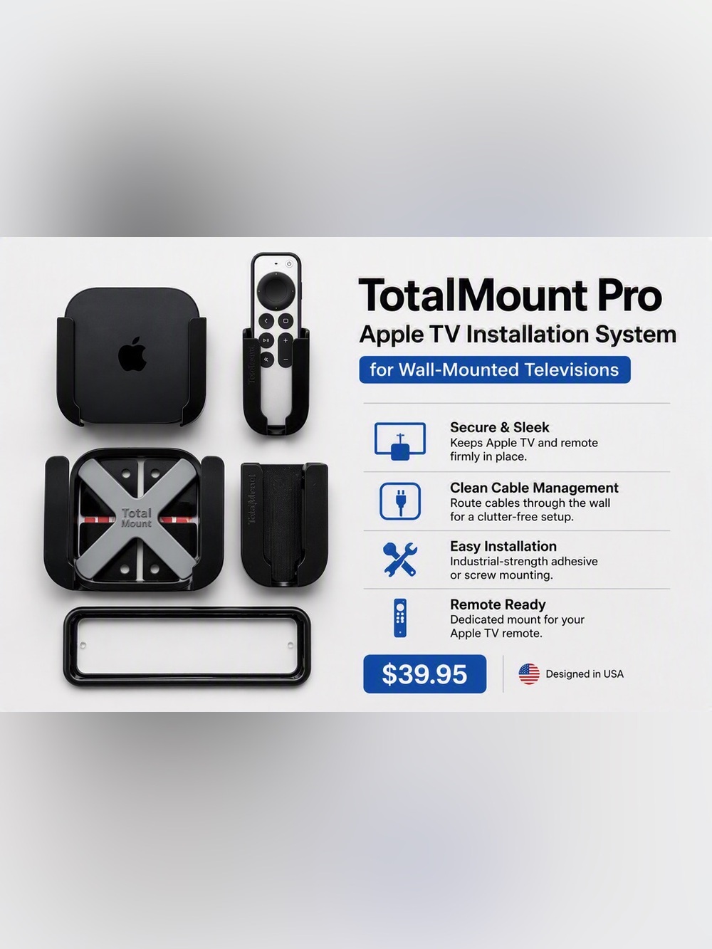 TotalMount Pro Apple TV Mount & Siri Remote Holder | Hide Apple TV Behind TV!